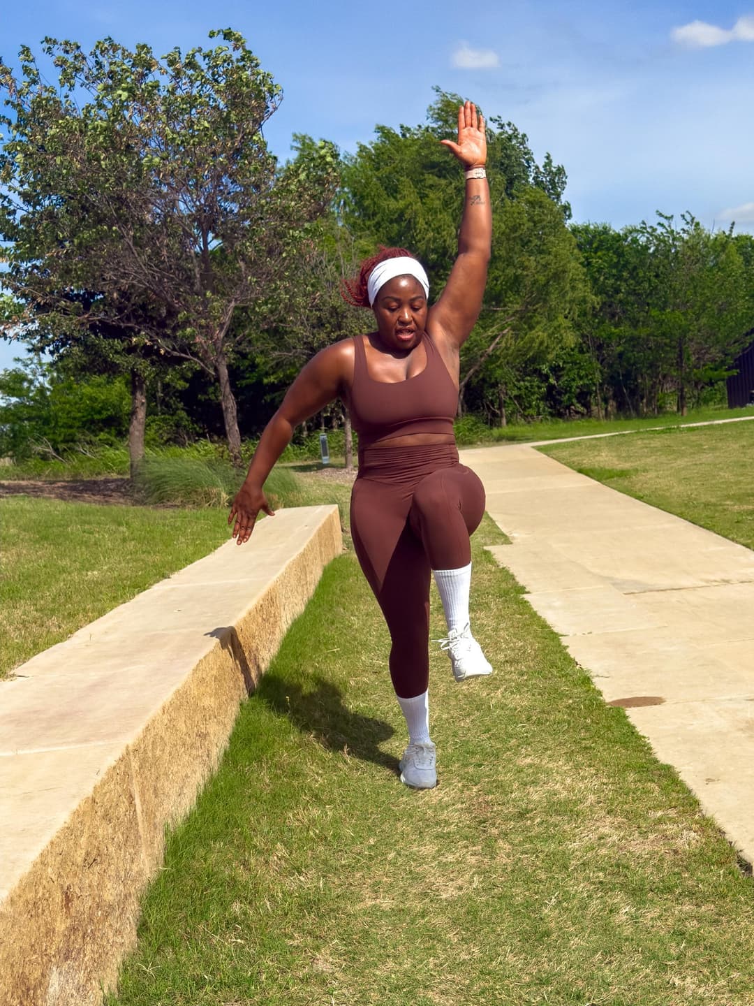 Athletic pose outdoors